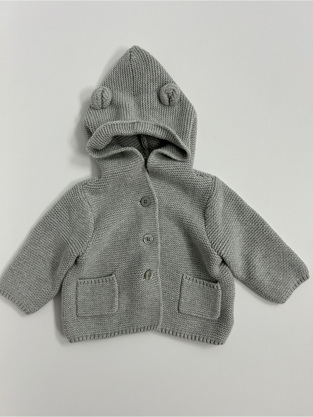 Baby Gap Grey Garter Knit Bear Ear Hooded Cardigan Sweater Size 3-6 Months